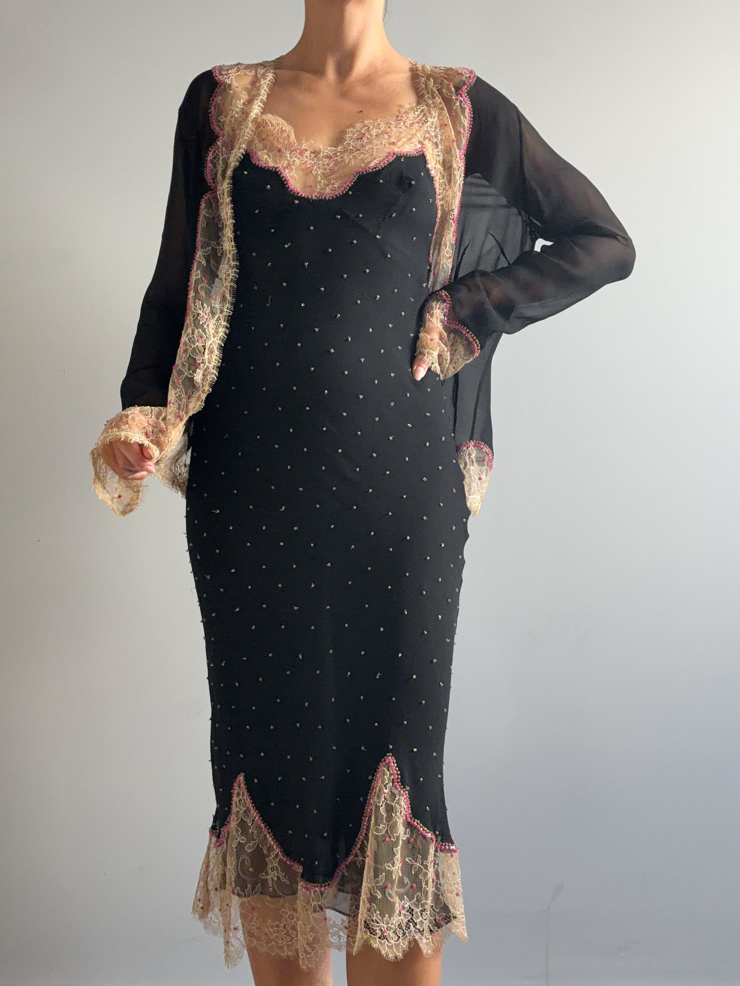 1990s Rare Designer Silk Chiffon Slip and Jacket Set With Chantilly Lace