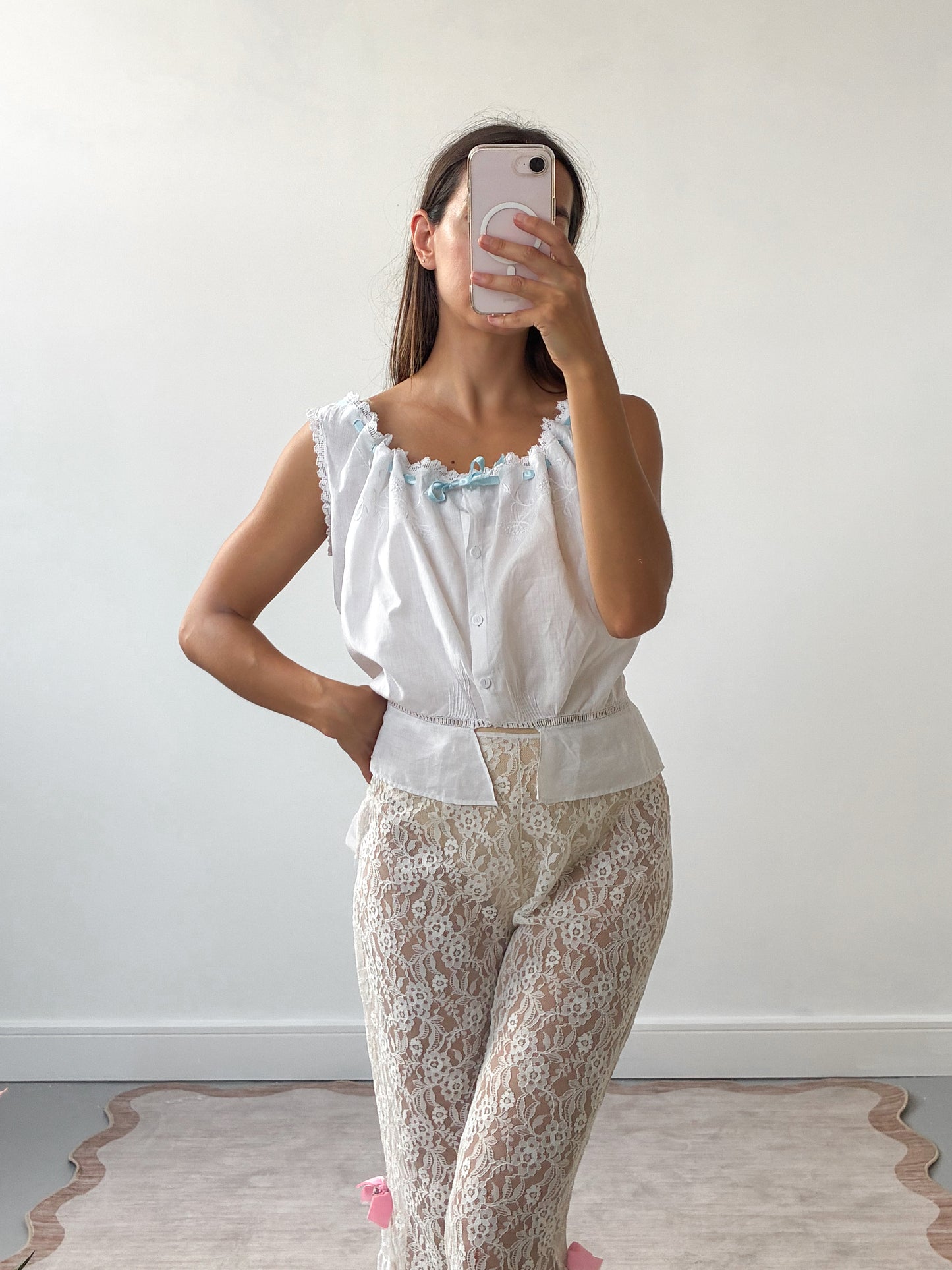 Antique Cotton Top With Blue Ribbon