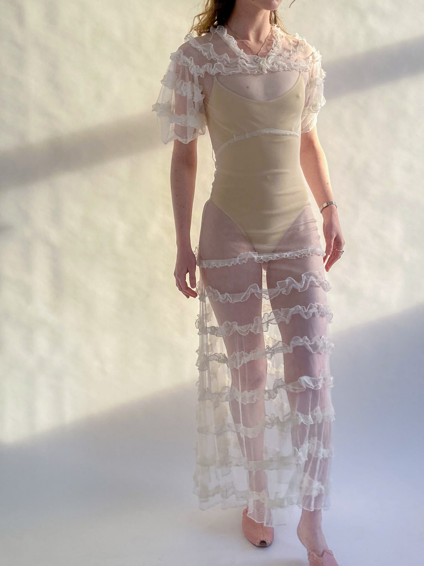 1930s Tiered Ruffle Net Dress With Puff Sleeves