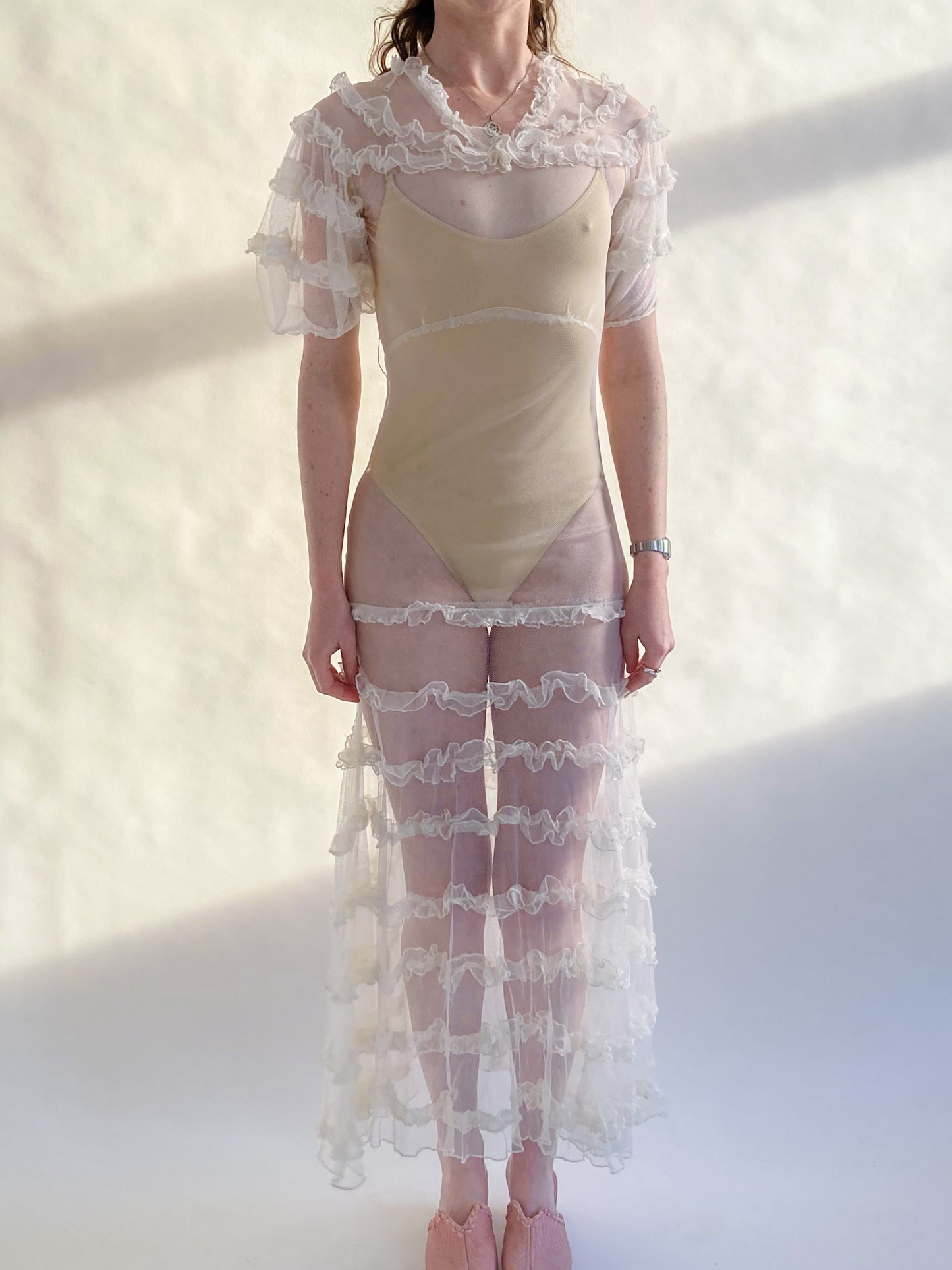 1930s Tiered Ruffle Net Dress With Puff Sleeves