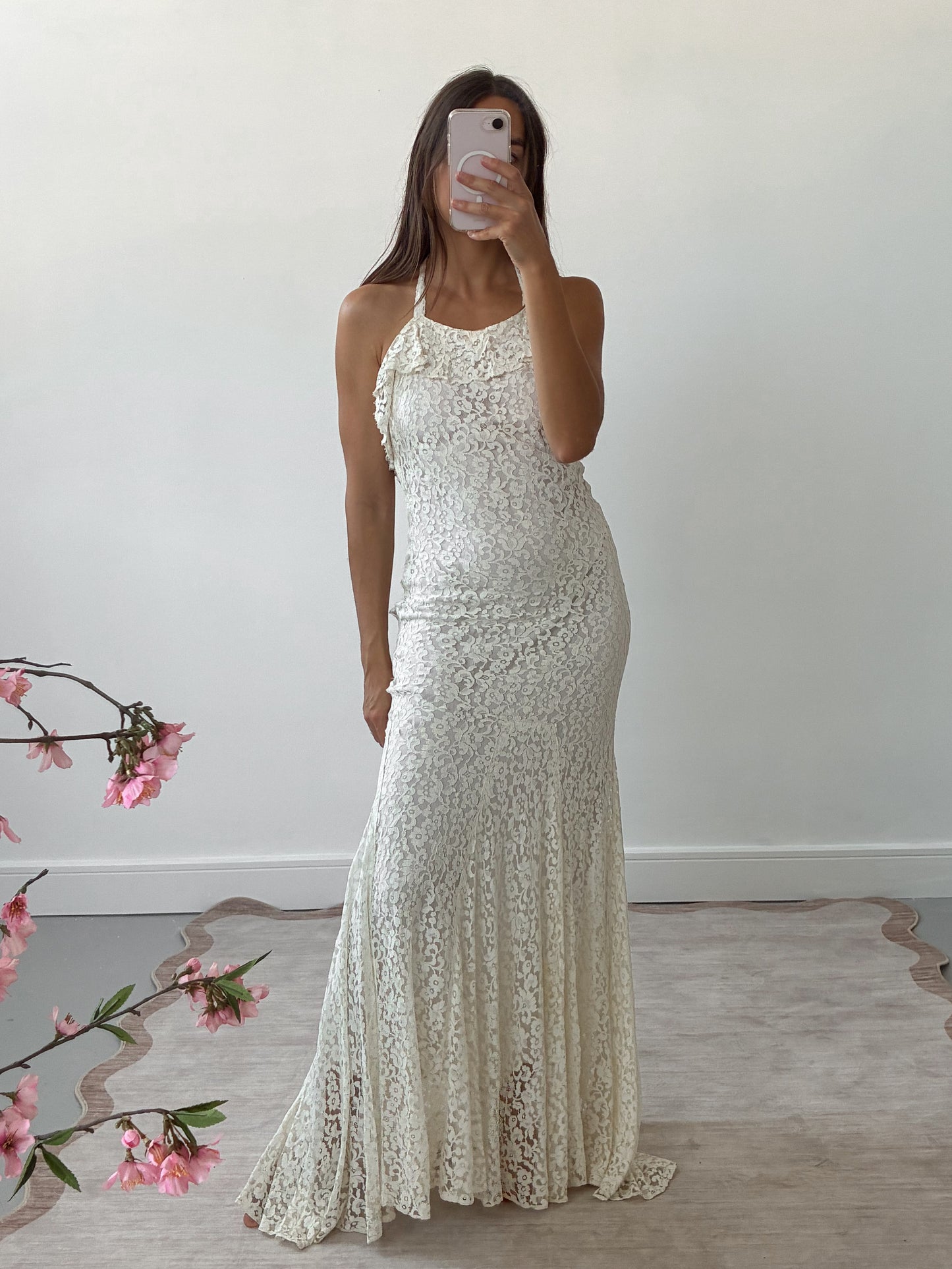 1930s Ivory Ruffled Bias Cut Wedding Dress In Cream Lace With Matching Bolero XS S