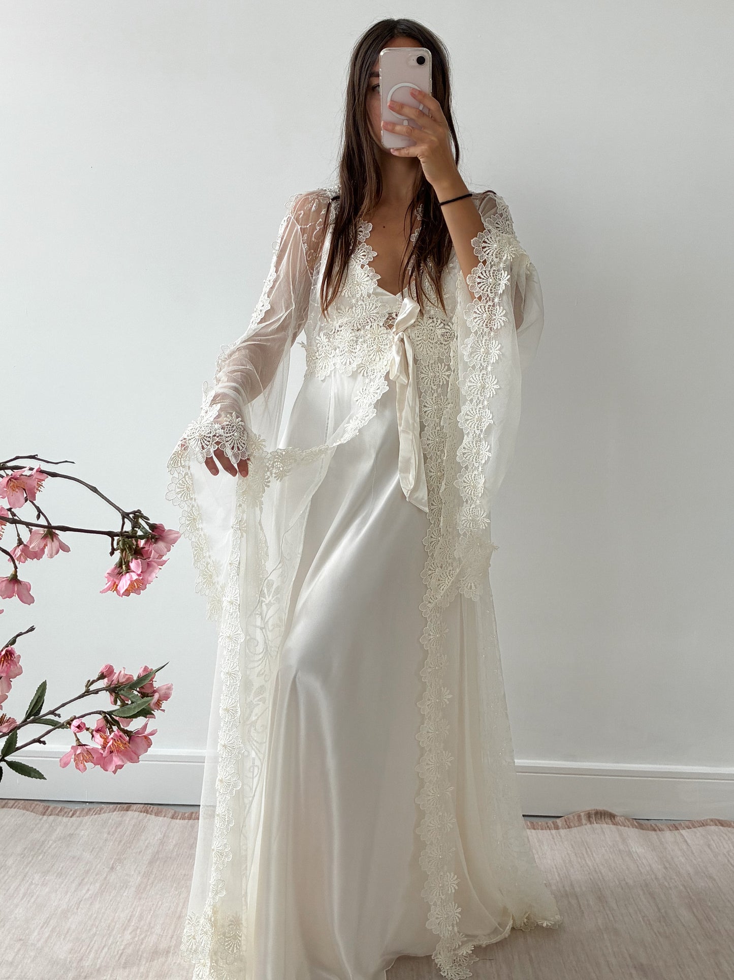 1980s Sheer Robe With Round Lace Detail & Bell Sleeves One Size