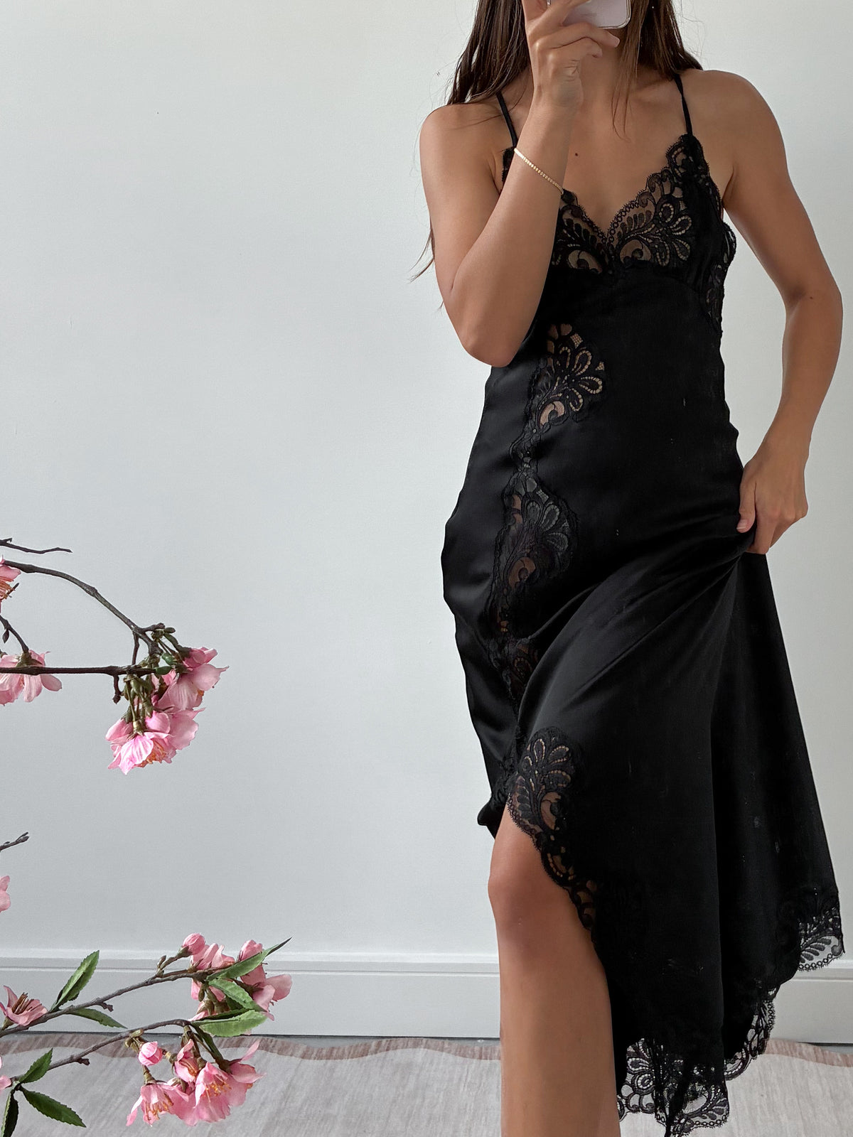 1970s Black Satin Slip With Lace And Side Opening S