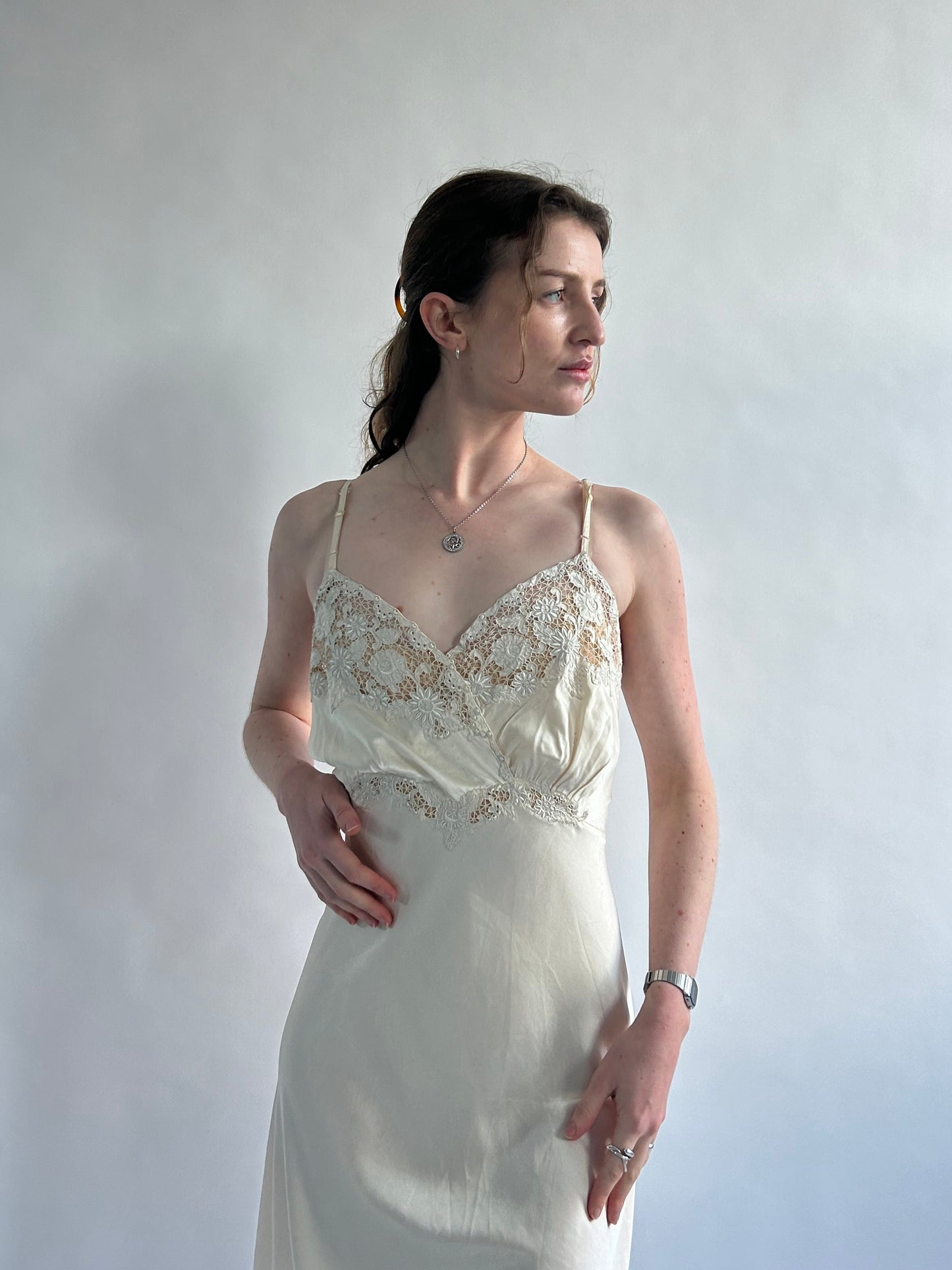 1930s Vanilla Silk Slip With Floral Embroidery