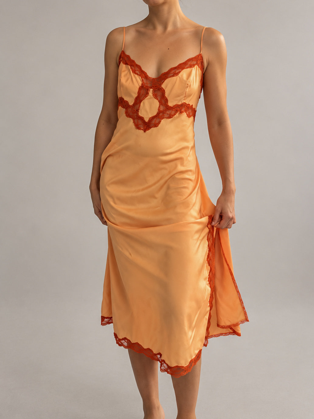 1970s Silk Satin Slip With Contrasting Lace In Sunset Orange L