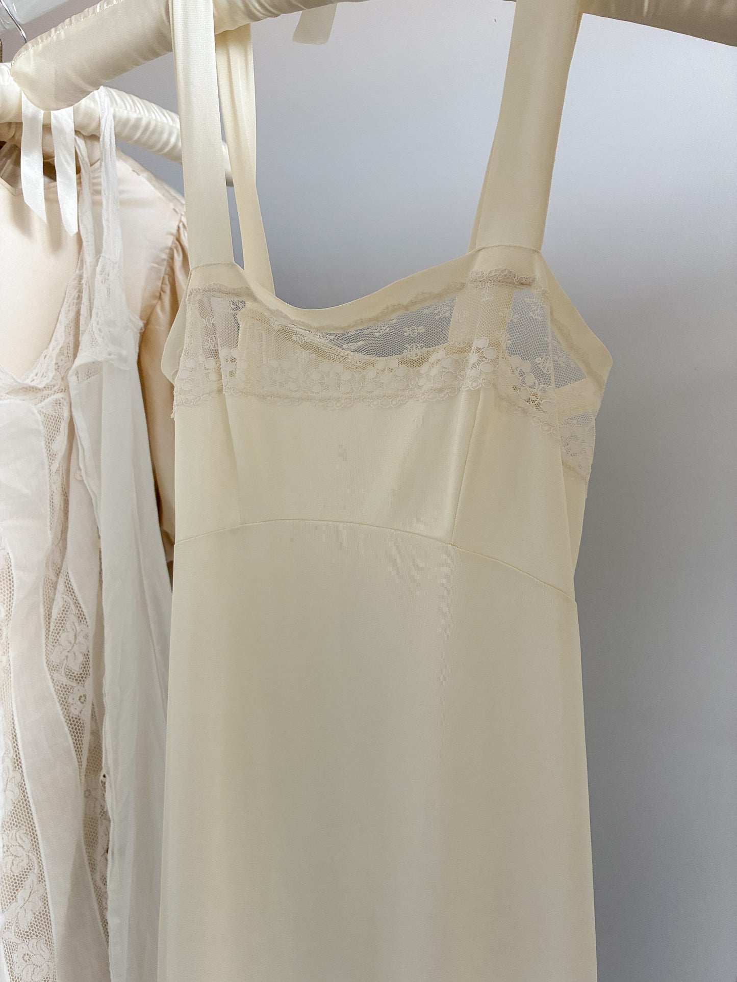 1970s Cream Maxi Slip With Square Neck And Lace Trim