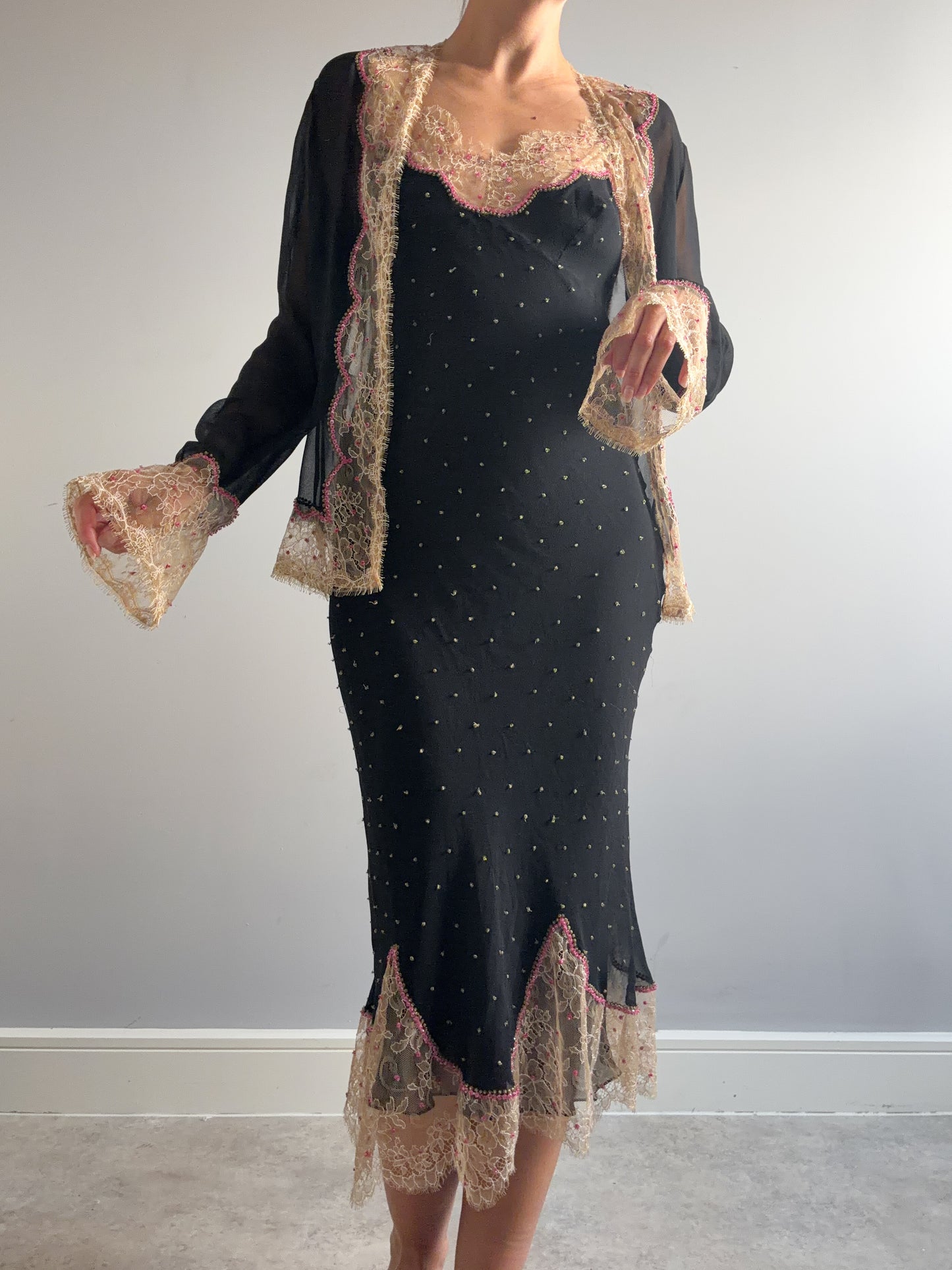 1990s Rare Designer Silk Chiffon Slip and Jacket Set With Chantilly Lace