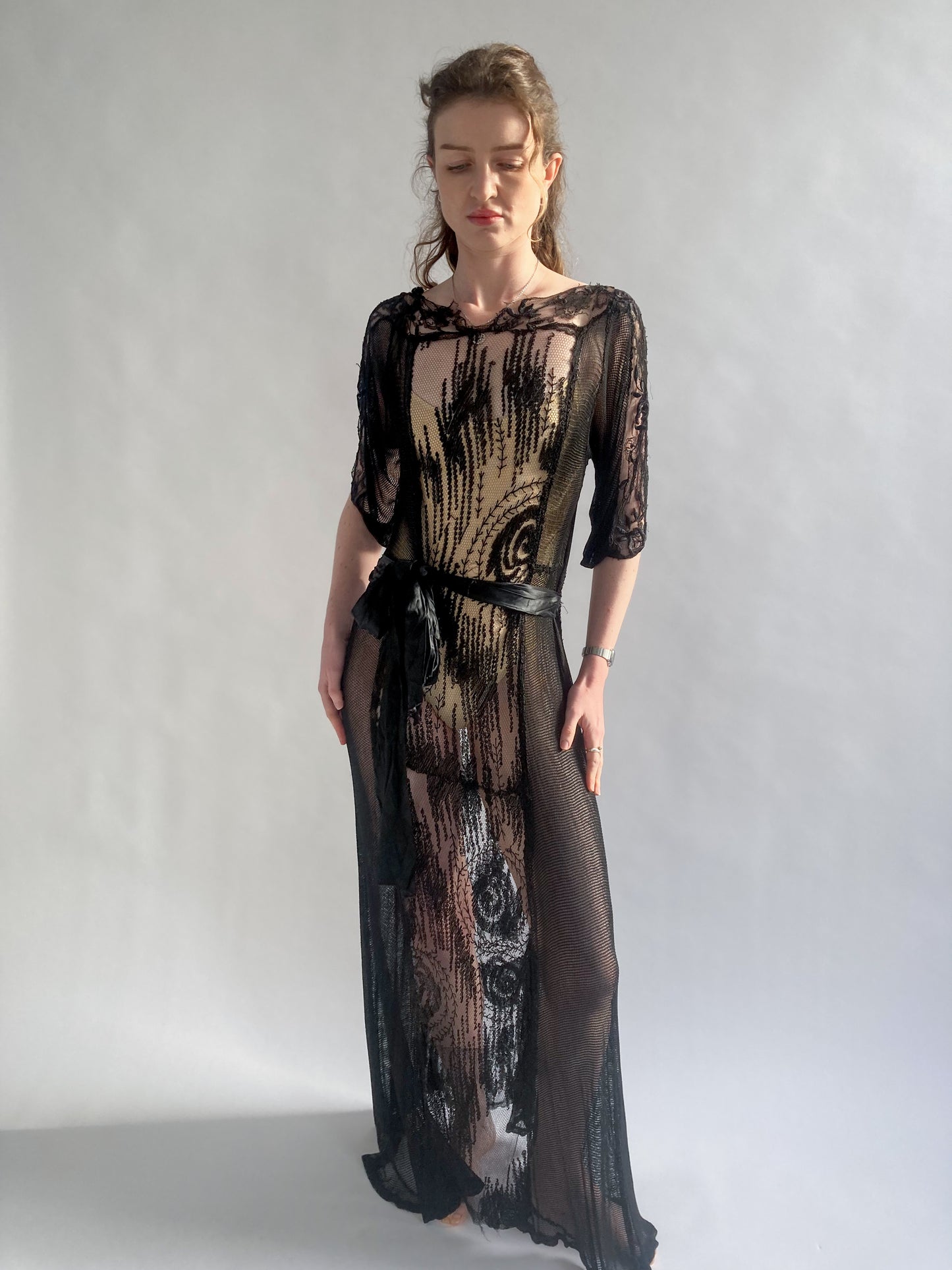 1920s Silk Cotton Black Crochet Dress