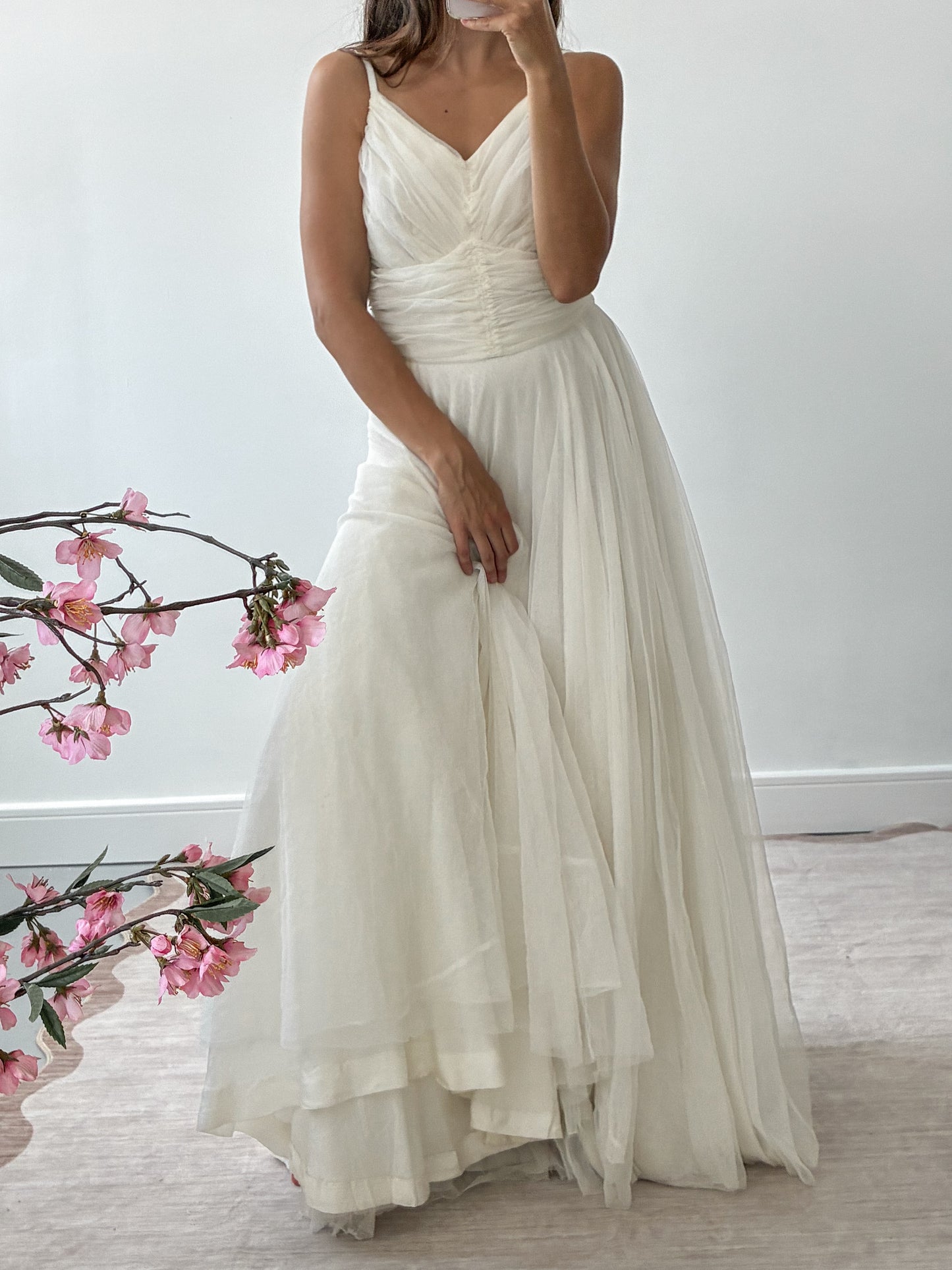 1940s Net Tulle Wedding Dress With Ruched Sweetheart Bodice