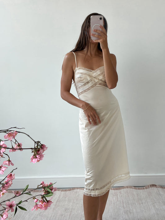 1940s Cream Slip With Floral Lace And Pleats M L