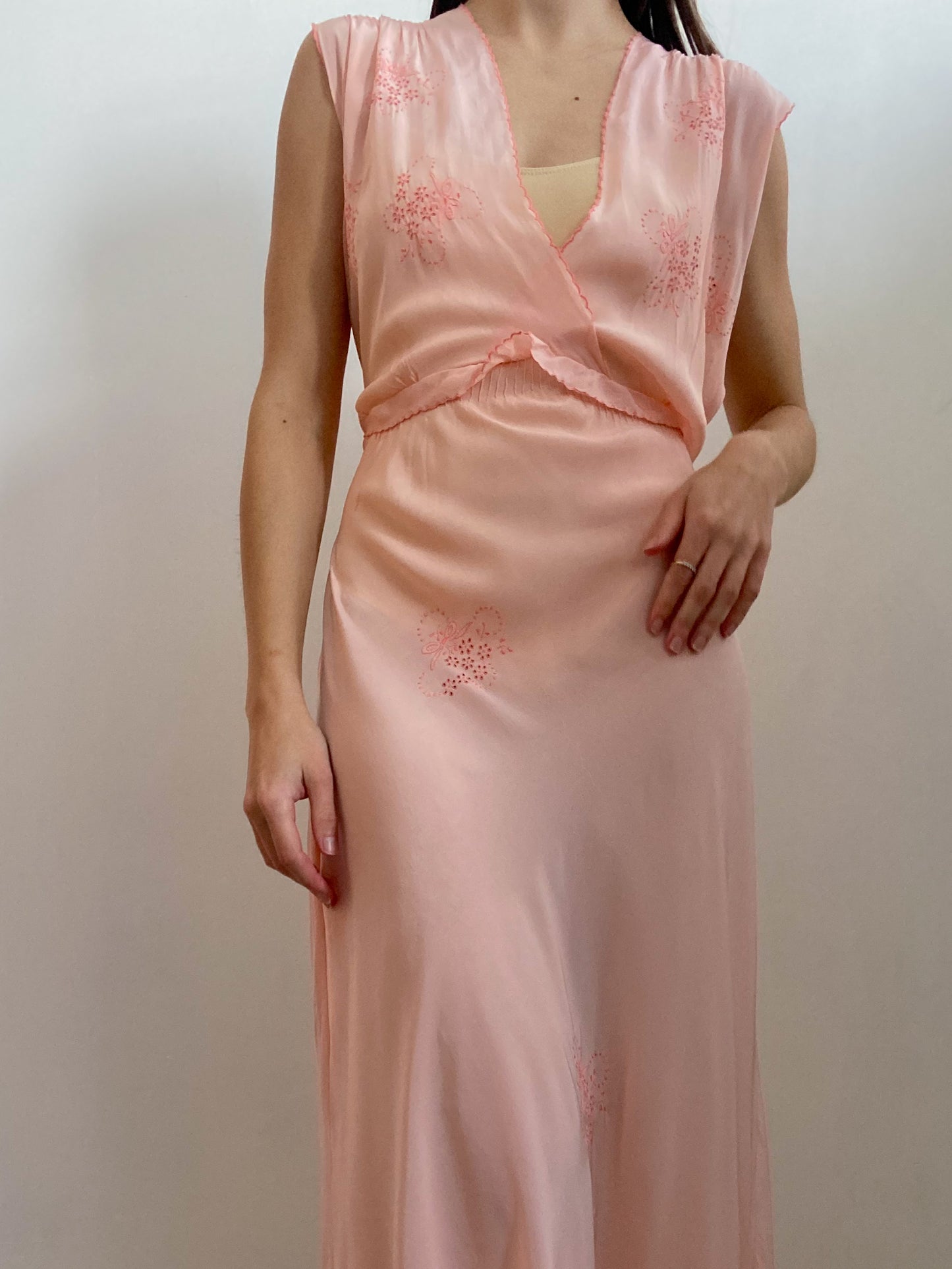 1930s Silk Crepe Hand Embroidered Slip Gown Bubblegum