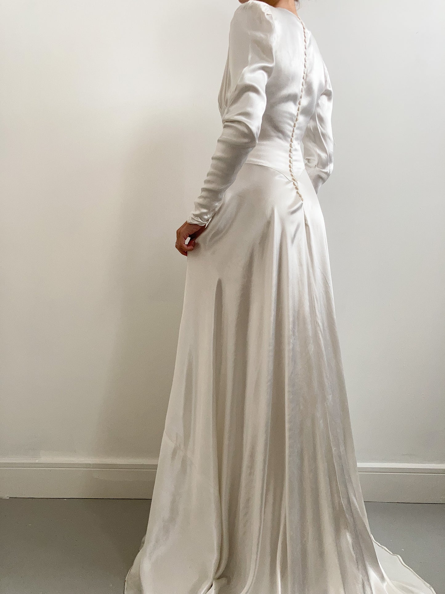1930s Slipper Satin Ivory Wedding Dress with Button Back