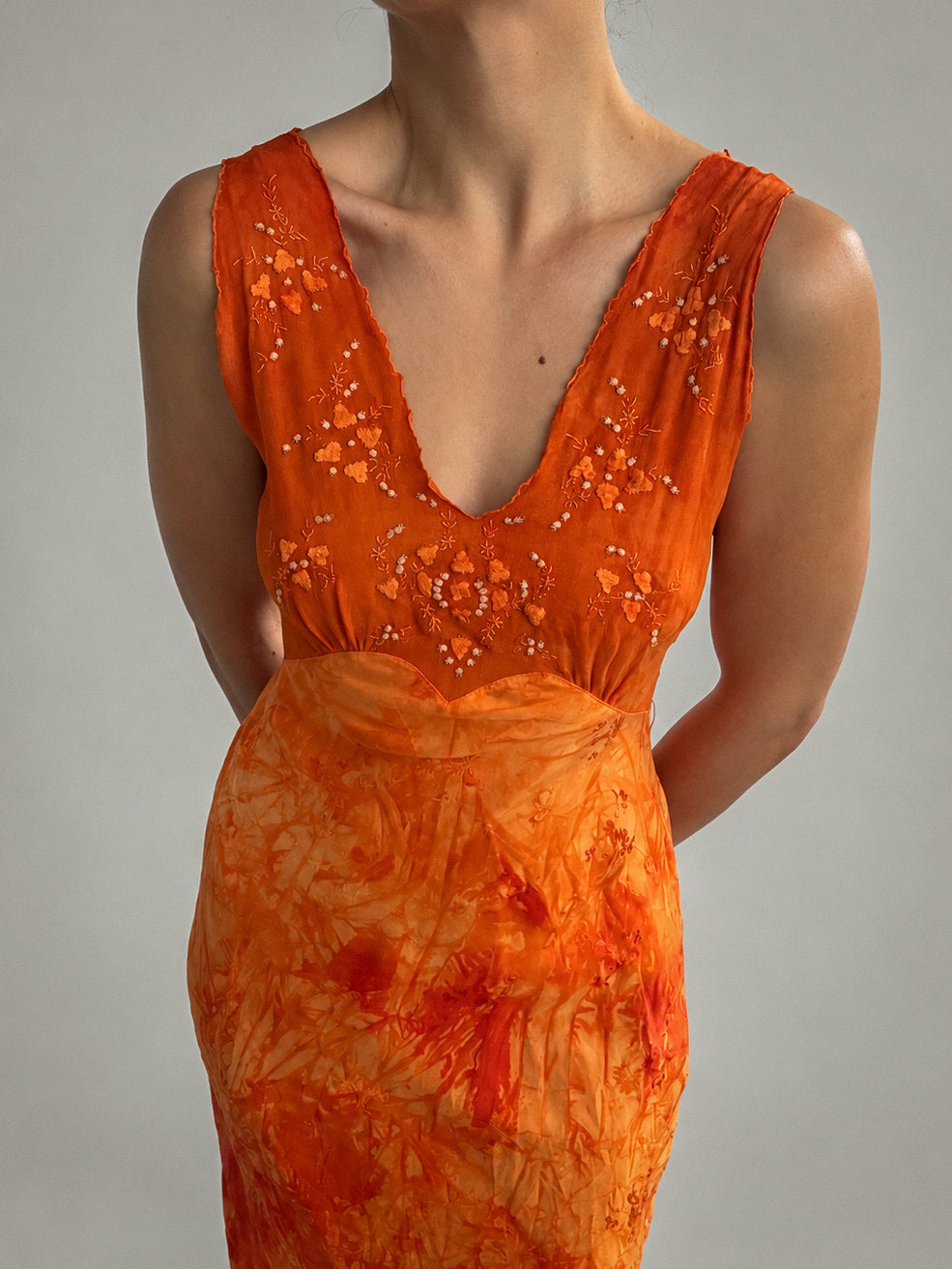 1930s Embroidered Silk & Chiffon Nightgown In Burnt Orange XS S
