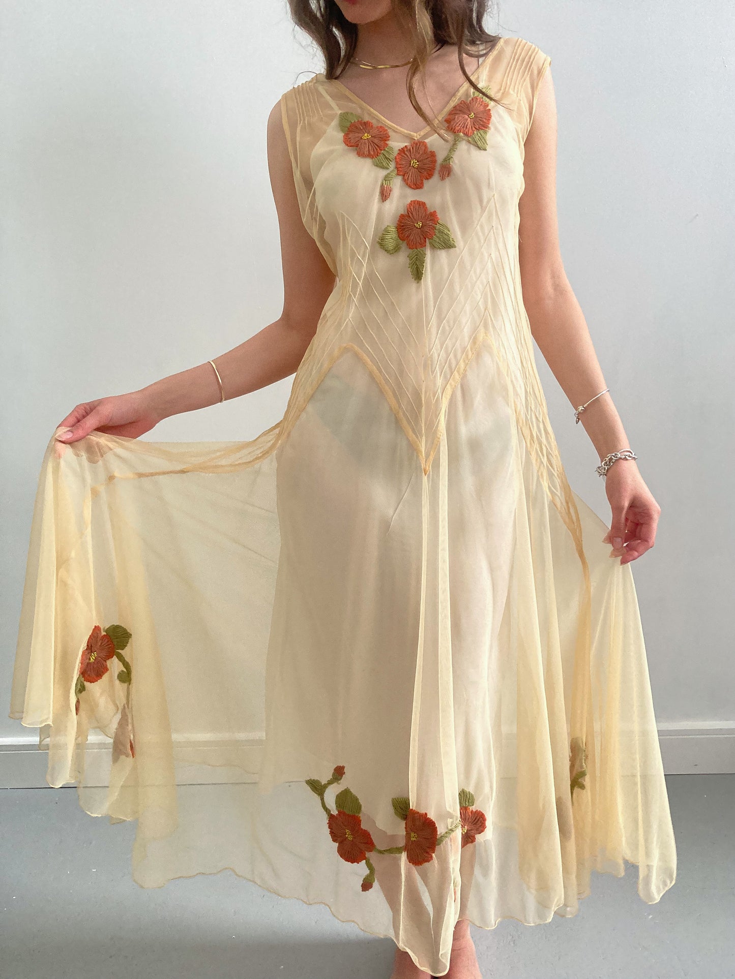 1930s Yellow Net Dress with Flower Embroidery