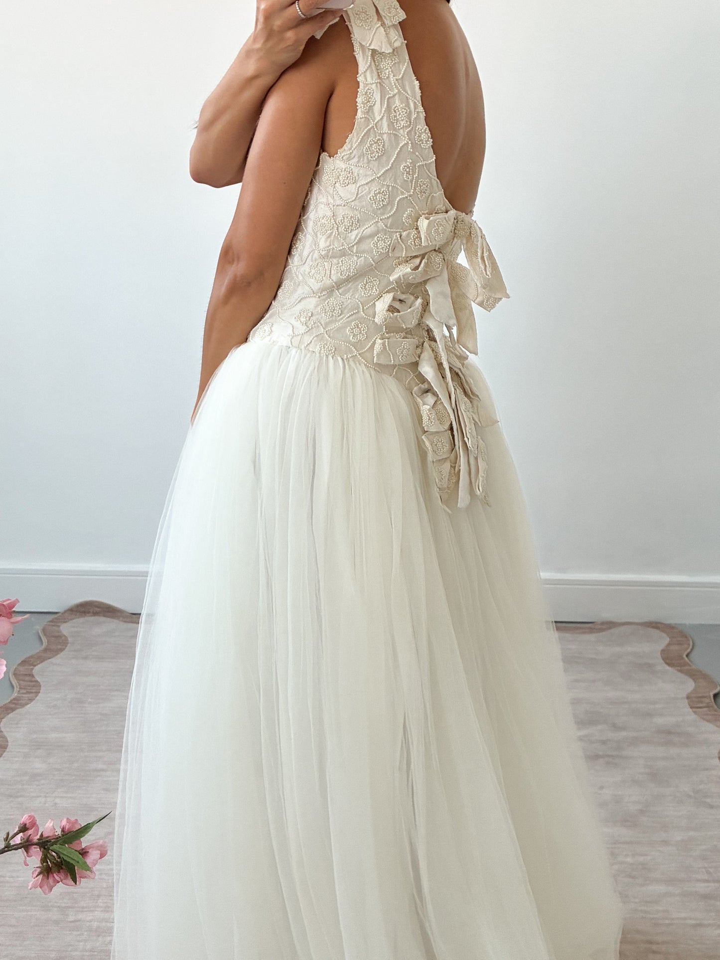 1990s Tulle Gown With Silk & Pearl Embroidered Corset And Bow Detail