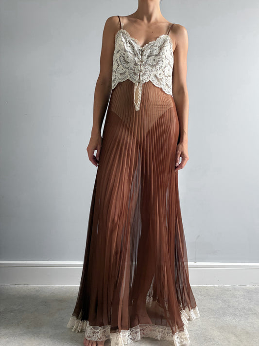 1970s Chocolate Pleated Nightdress with Cream Lace