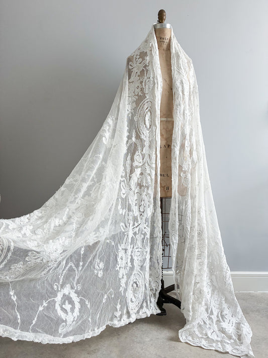 Antique French Heavy Cotton Tambour Tape Lace Veil
