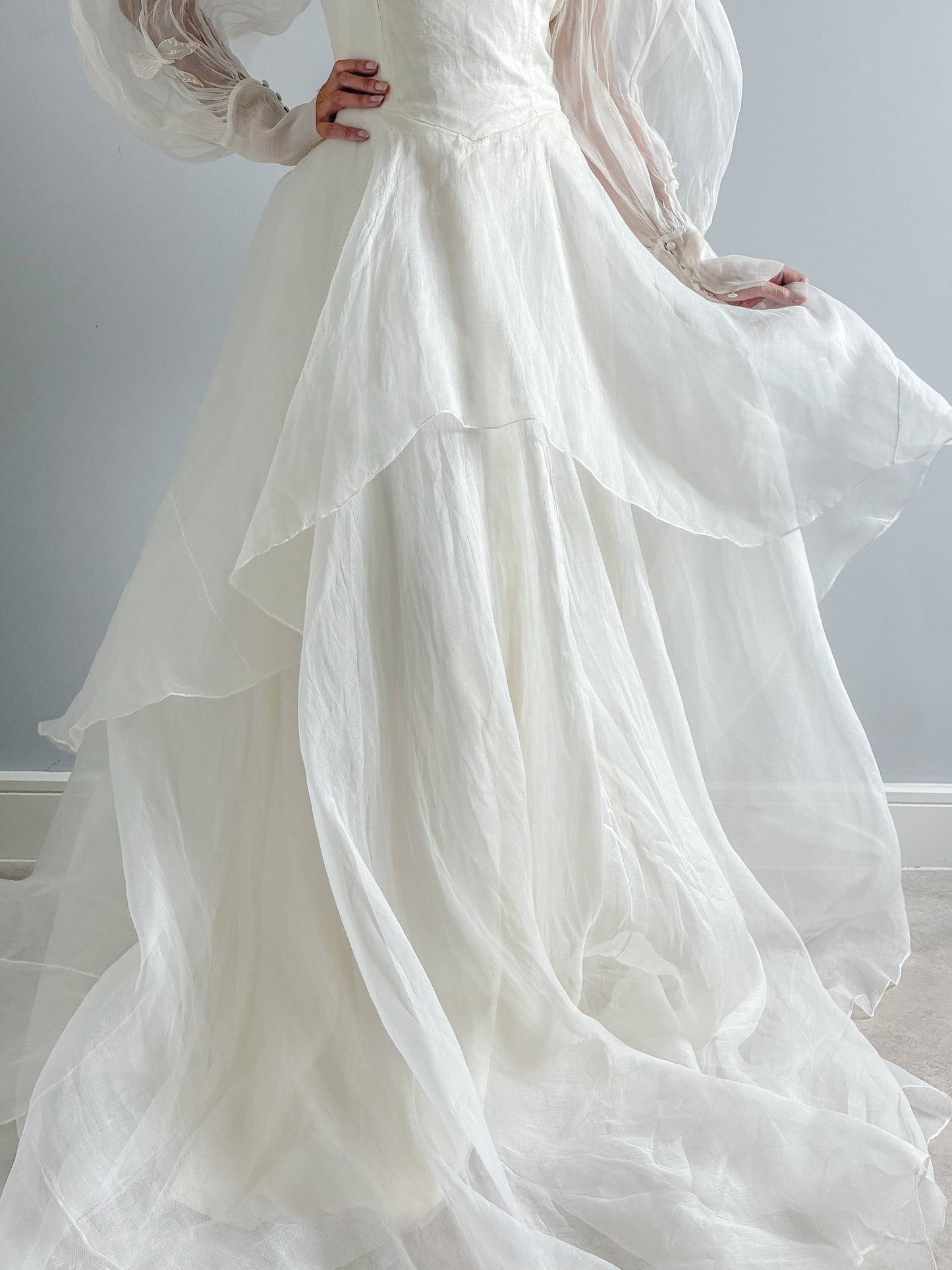 1940s Tiered Organza Wedding Gown With Puff Sleeves And Butterfly Detail