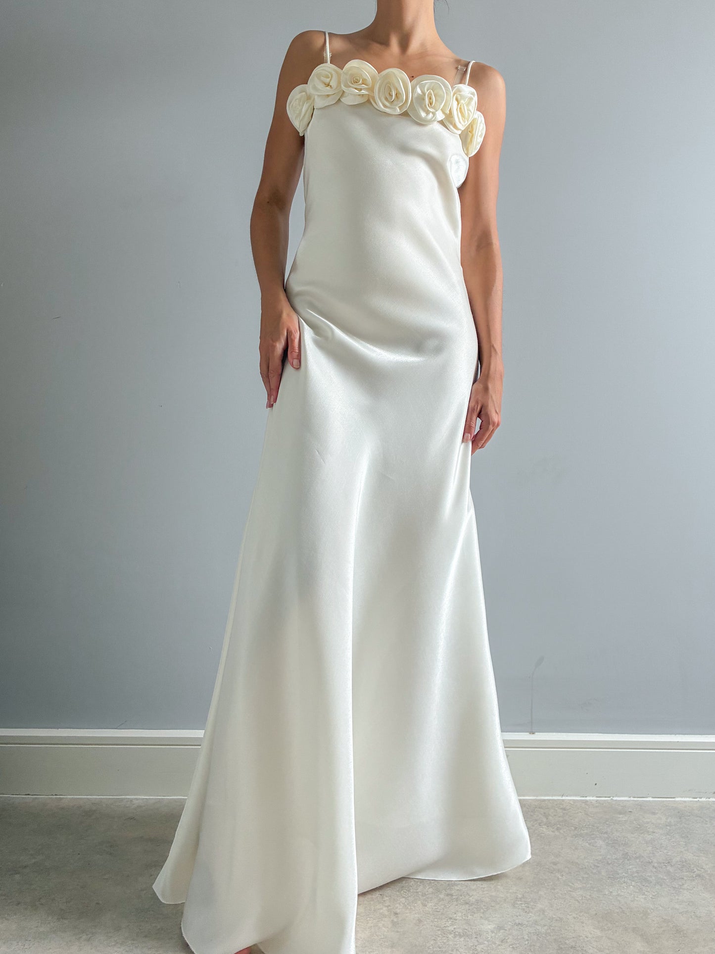 1990s Minimalist Satin Wedding Dress With Rose Detail