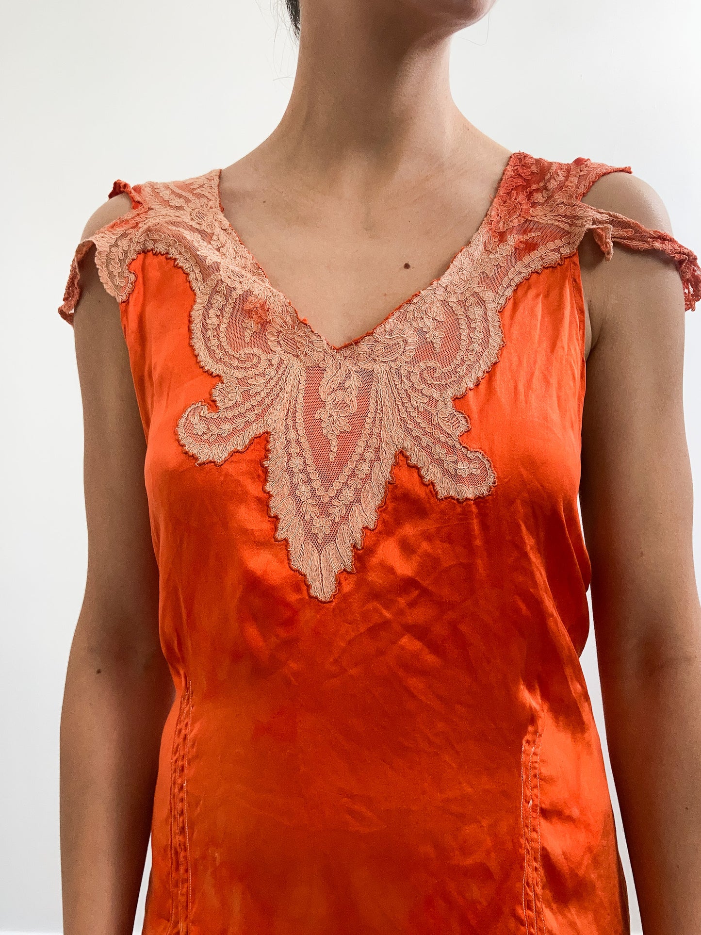 1930s Hand Dyed Silk Satin Slip with Lace and Cap Sleeves