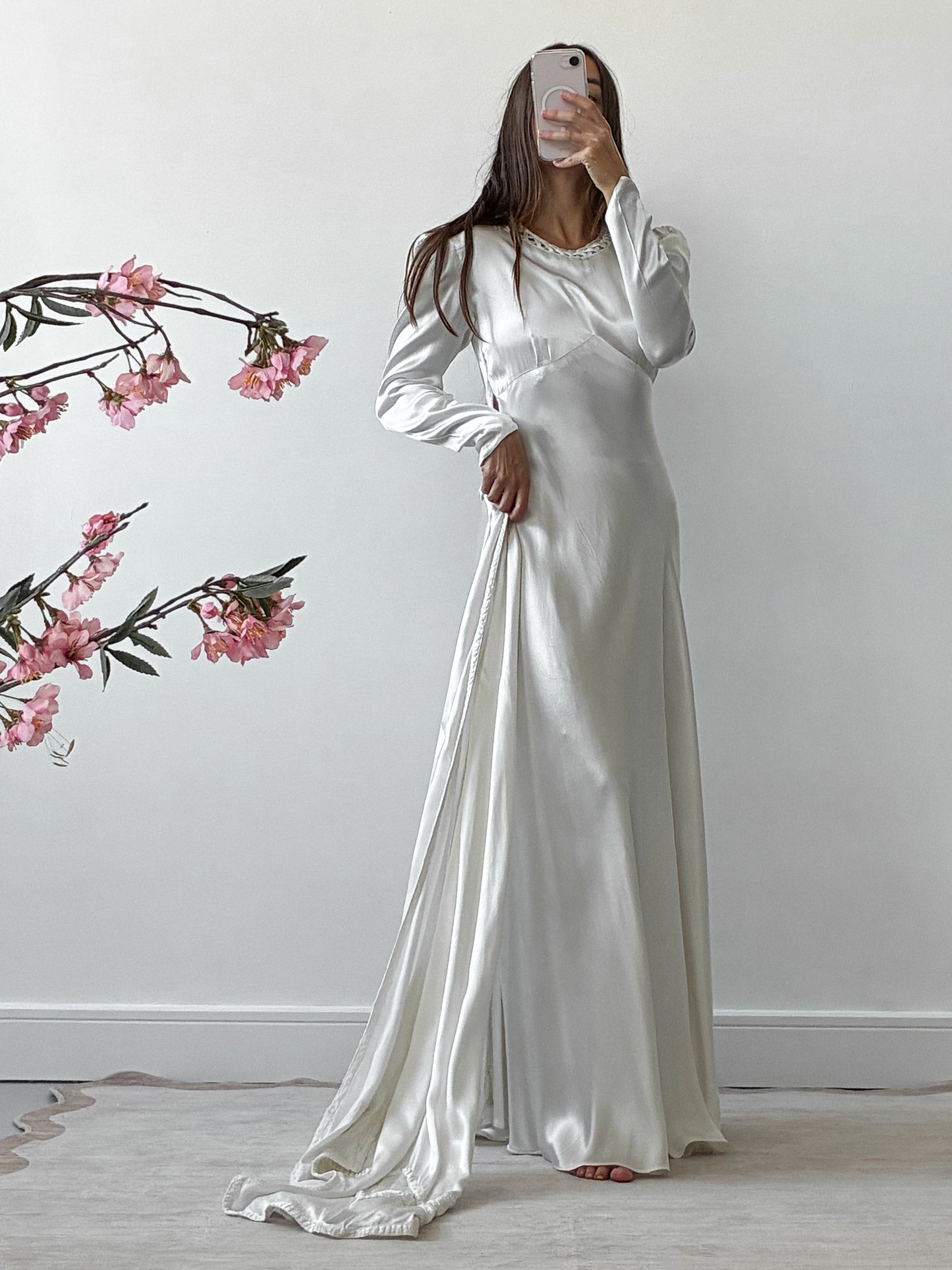 1940s Satin Dress With Wateau Train and Bow Detail