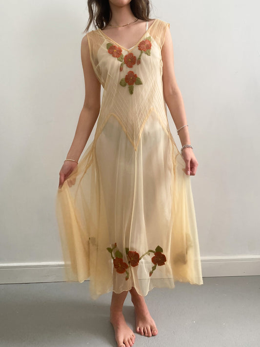 1930s Yellow Net Dress with Flower Embroidery