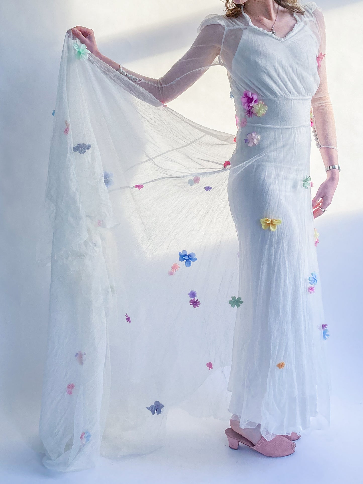 1930s Net Wedding Dress With Flowers and Cathedral Train