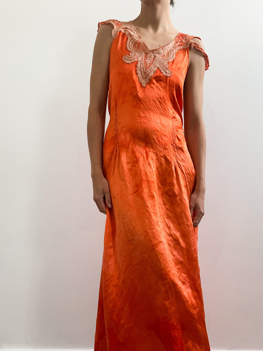 1930s Hand Dyed Silk Satin Slip with Lace and Cap Sleeves
