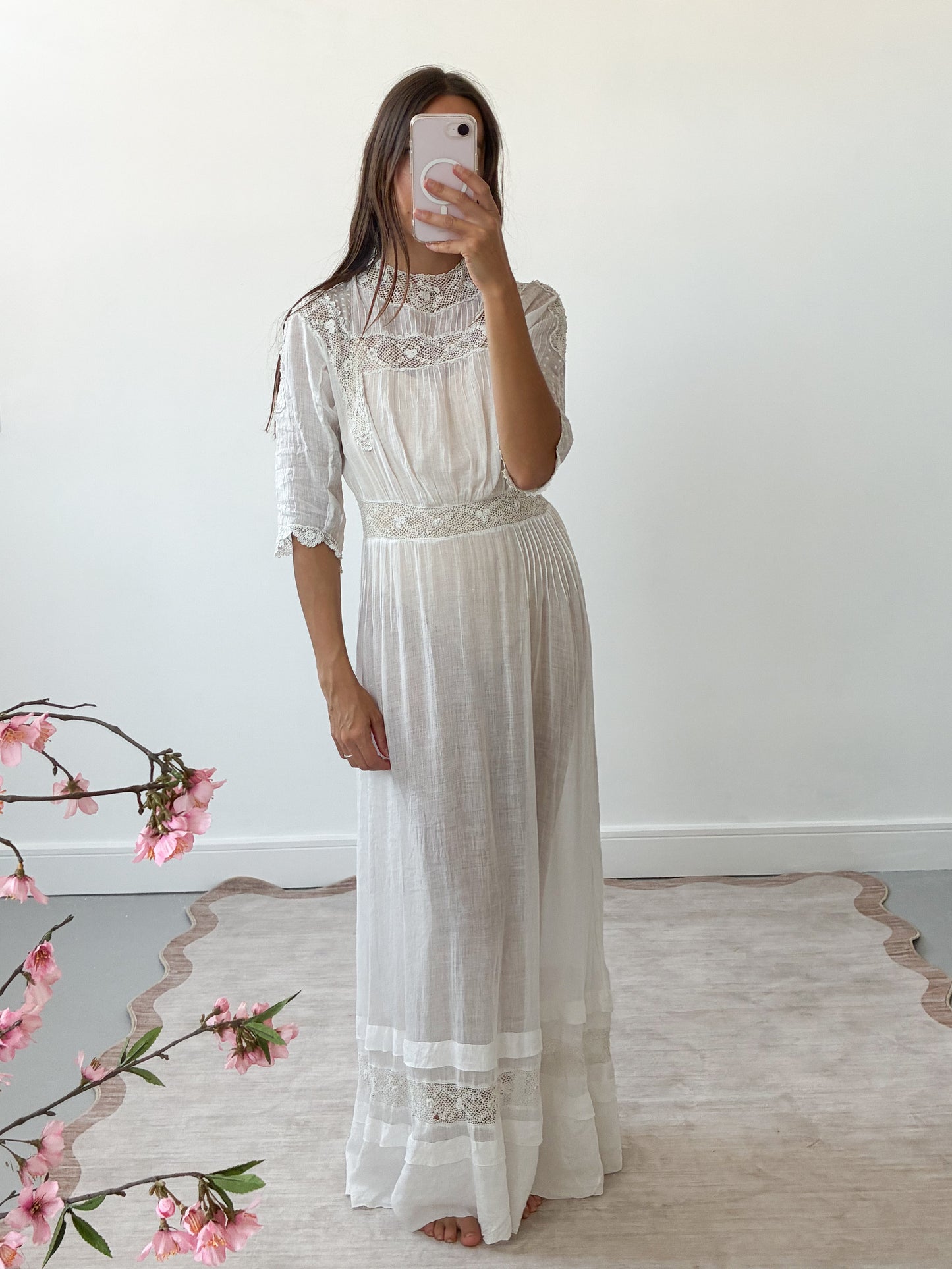 Antique Edwardian Cotton Lawn Wedding Dress With Hand-Crochet Panels XS S