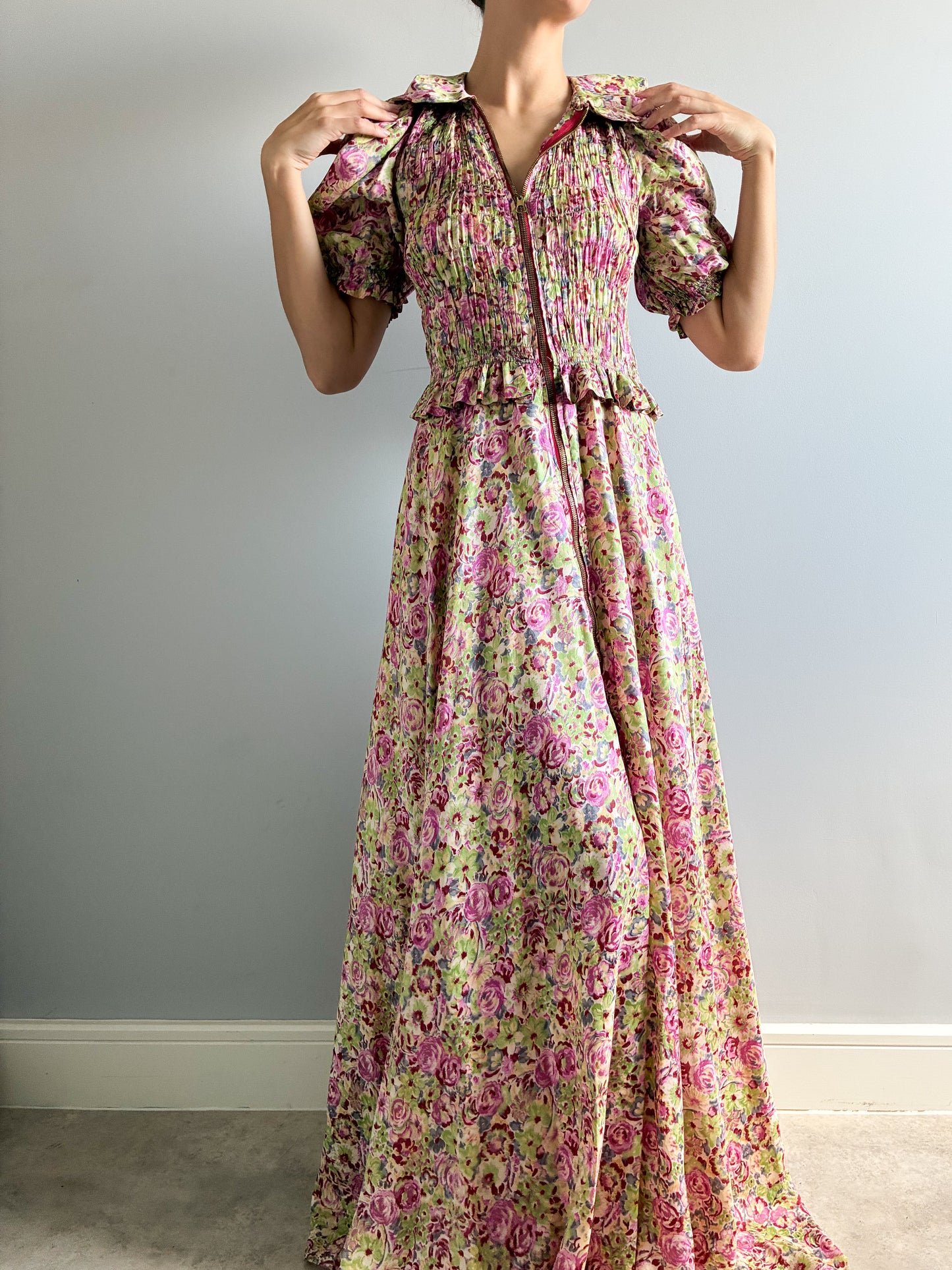 1930s Asymmetrical Floral Puff Sleeve Robe