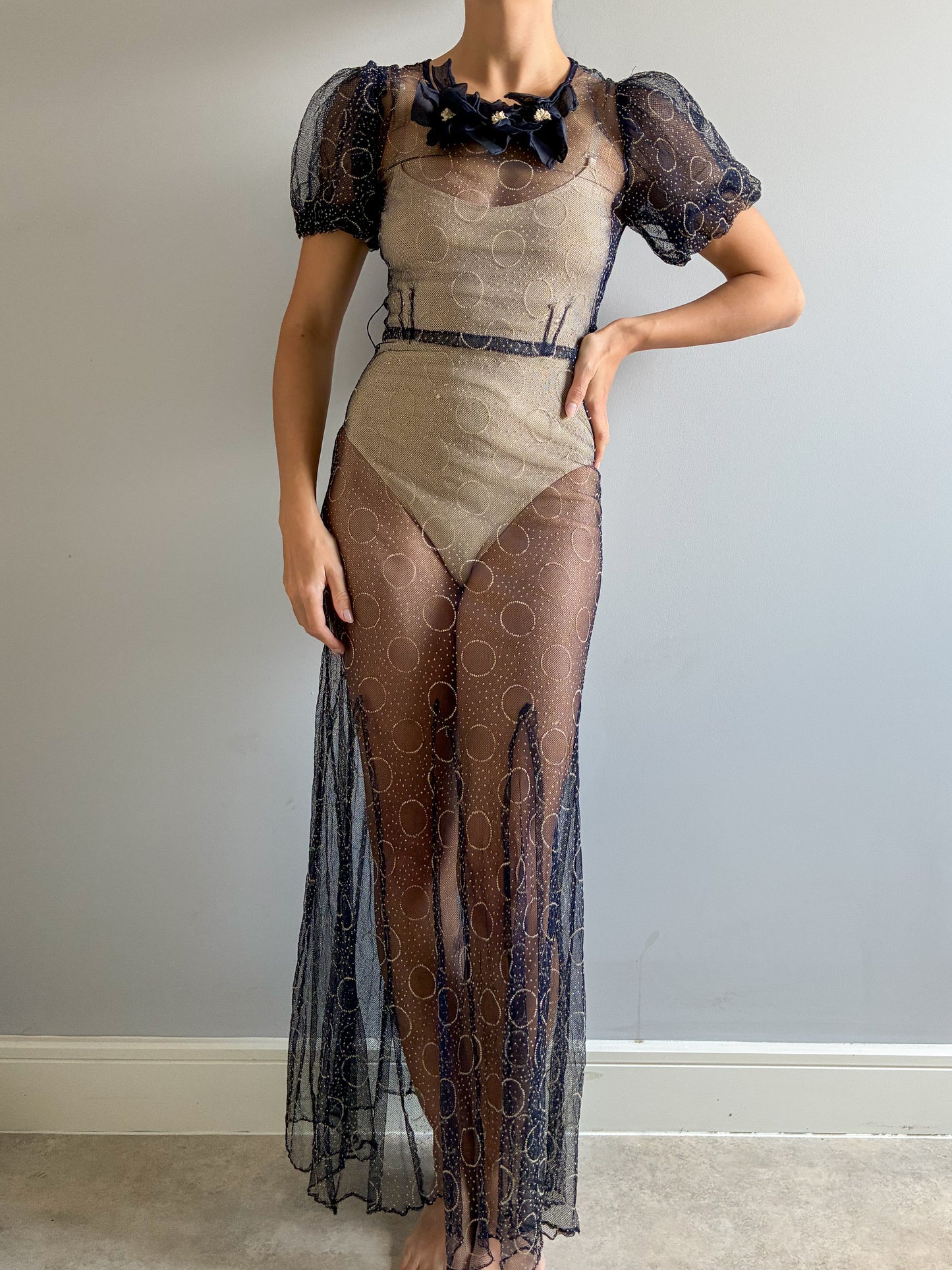 1930s Puff Sleeve Net Dress In Midnight Blue