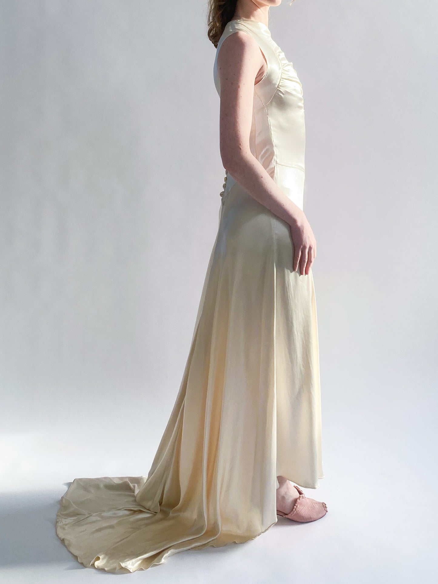 1930s Vanilla Silk Ruched Wedding Gown with Button Back and Sweep Train