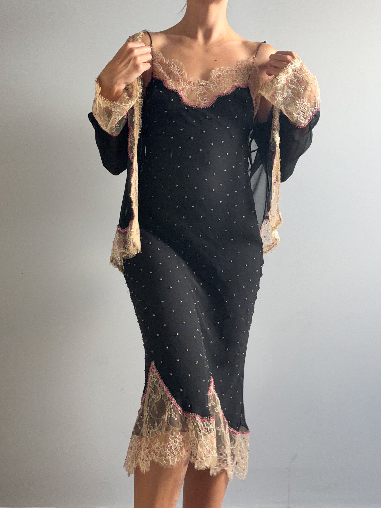 1990s Rare Designer Silk Chiffon Slip and Jacket Set With Chantilly Lace