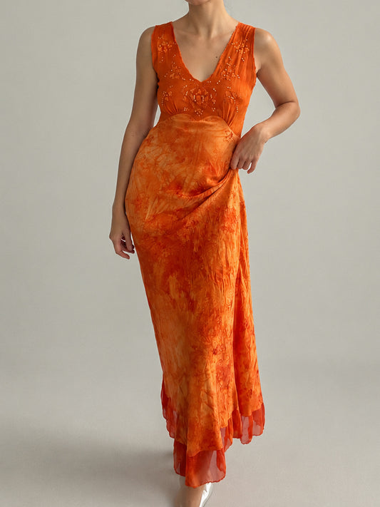 1930s Embroidered Silk & Chiffon Nightgown In Burnt Orange XS S