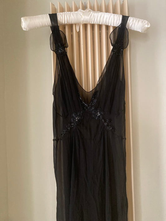 Vintage Black Silk Chiffon Slip Gown With Flower Applique