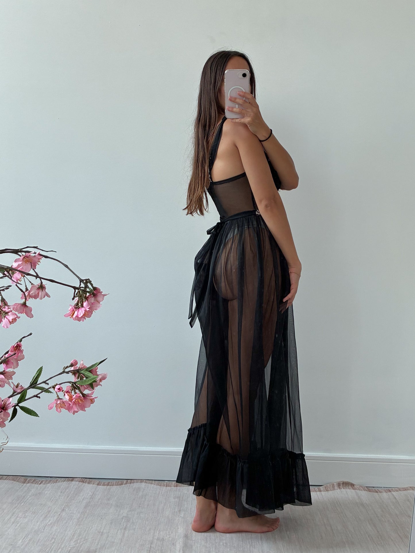 1950s Black Sheer Nightdress With Floral Embroidery
