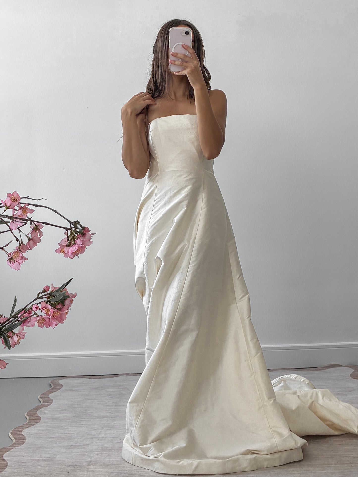 1990s Strapless Silk Boned Wedding Dress With Train And Convertible Beaded Trim