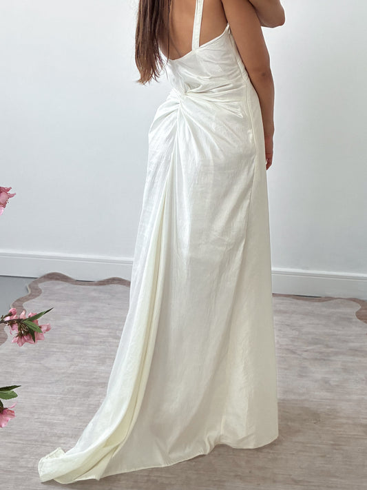 1990s Taffeta Wedding Dress With Gathered Back & Small Train M