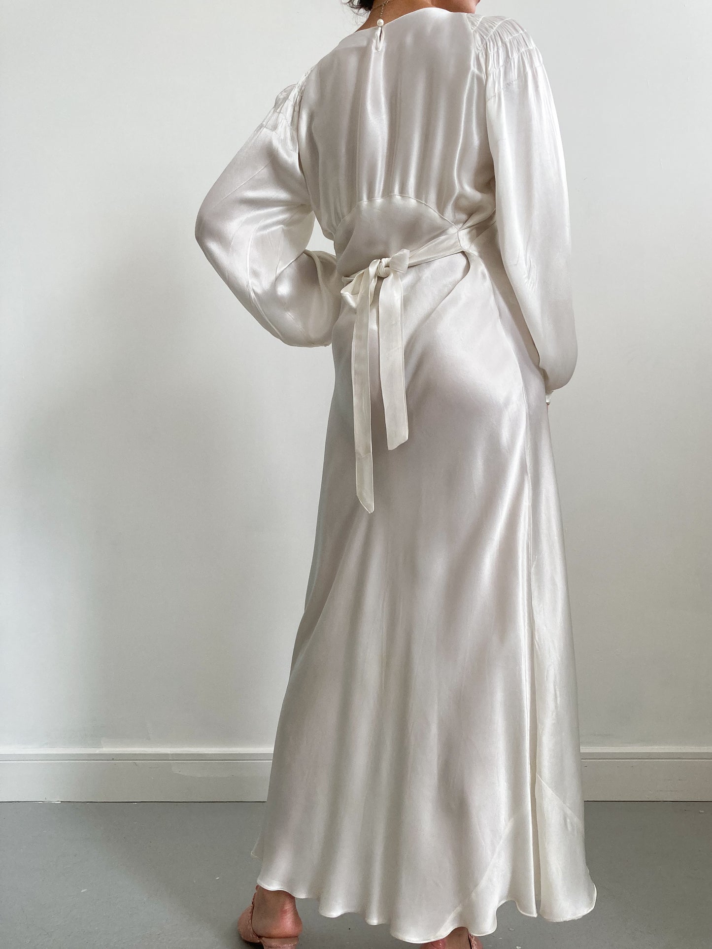 1930s Ivory Ruched Slipper Satin Wedding Gown with Puff Sleeves