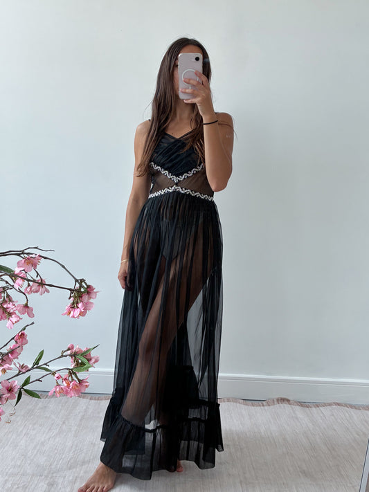 1950s Black Sheer Nightdress With Floral Embroidery
