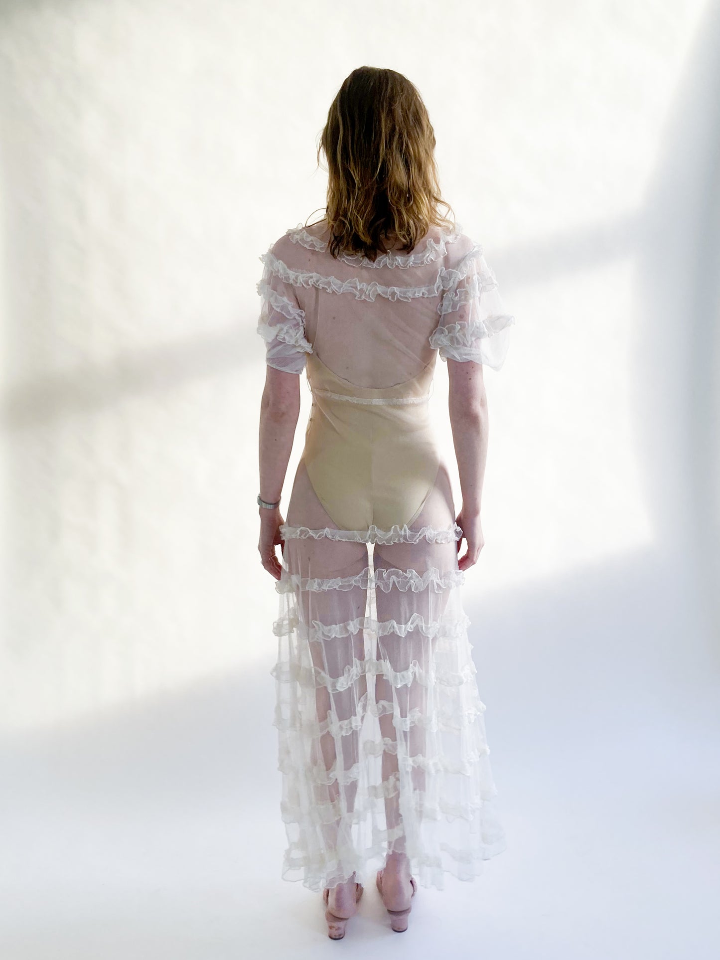 1930s Tiered Ruffle Net Dress With Puff Sleeves