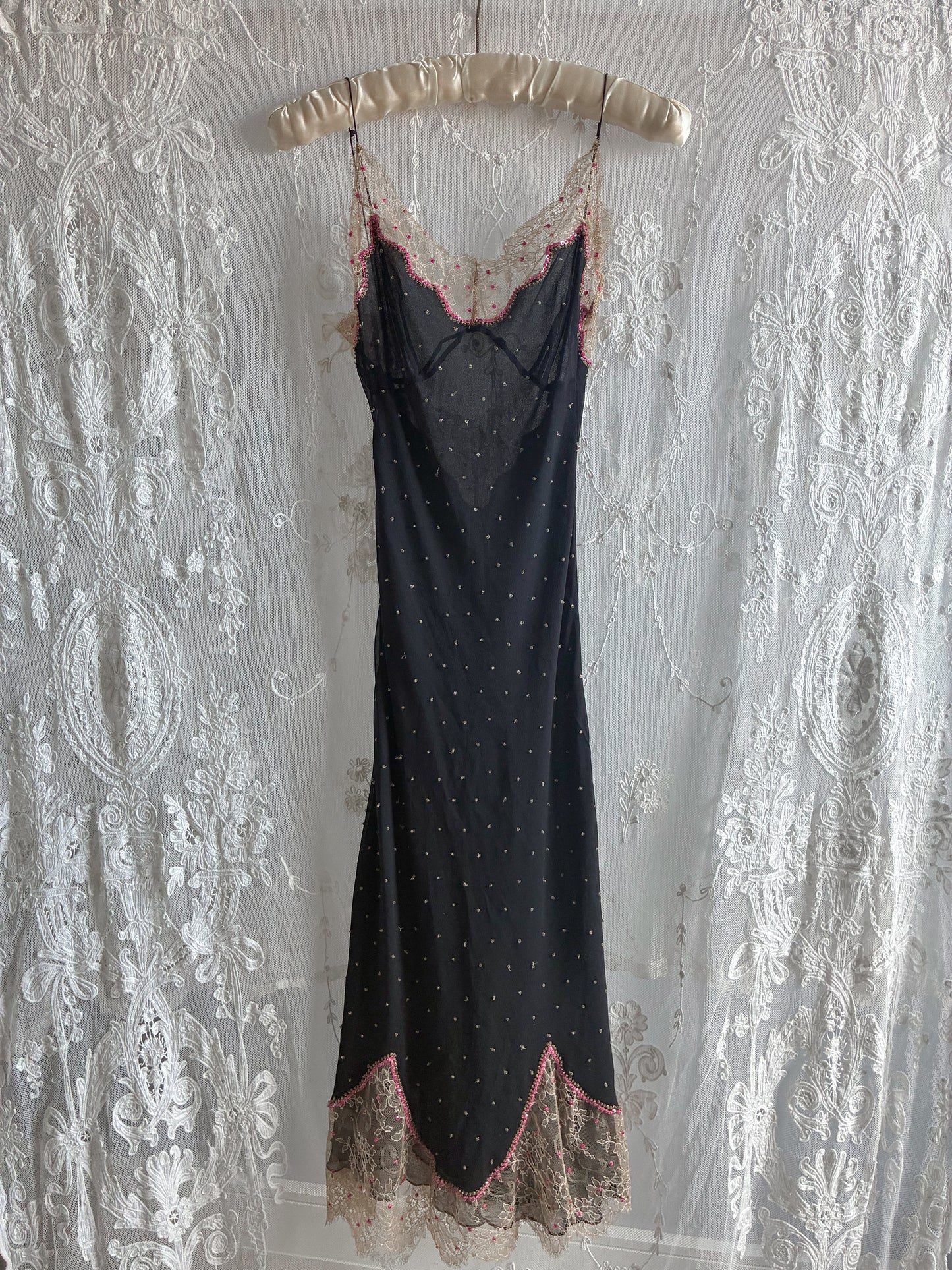1990s Rare Designer Silk Chiffon Slip and Jacket Set With Chantilly Lace