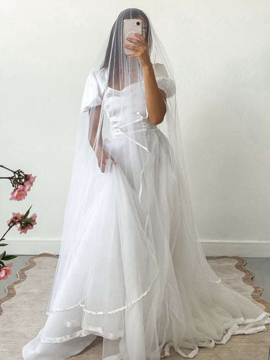 1983 Satin Puff Sleeve Gown With Chiffon Skirt And Scarf M