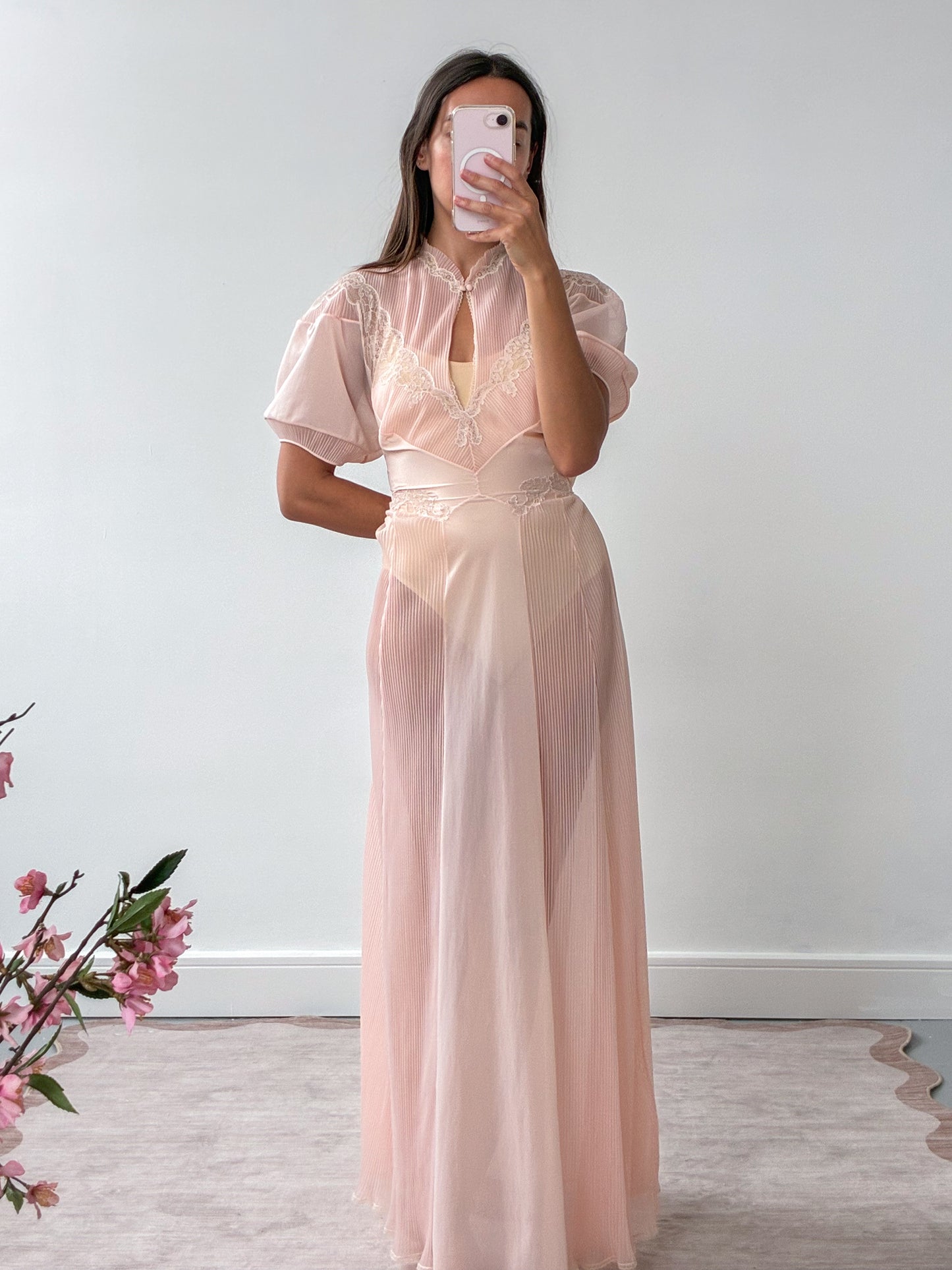 1970s Sheer Peach Nightgown With Lace Detail