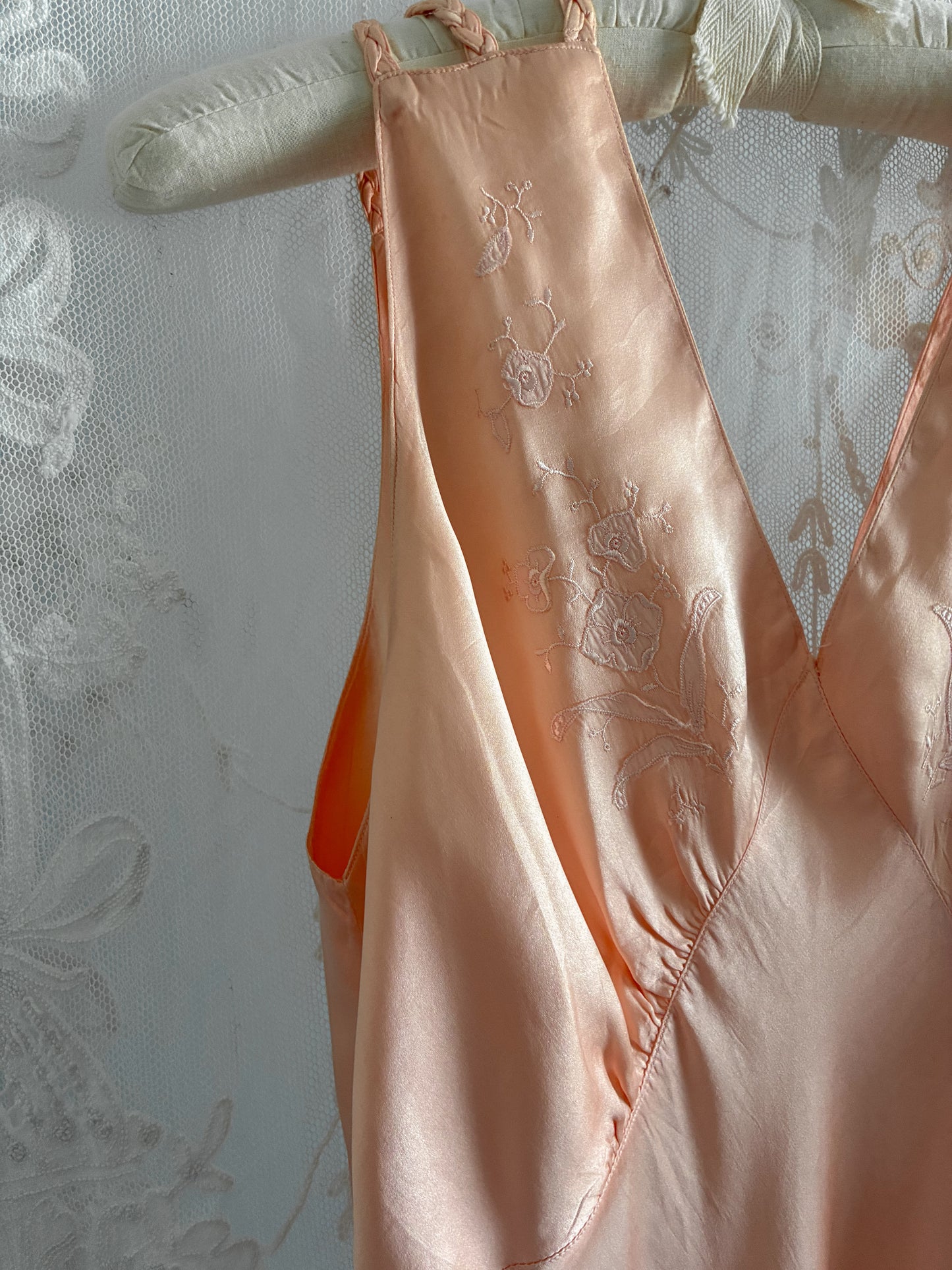 1930s Peachy Pink Pure Silk Slip Gown With Triple Straps
