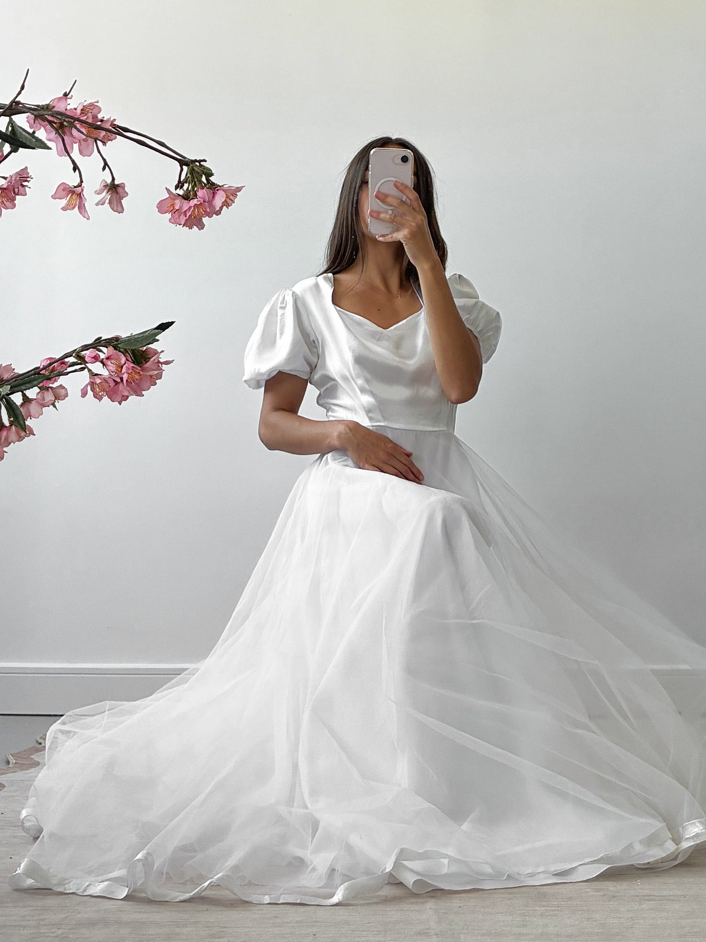 1983 Satin Puff Sleeve Gown With Chiffon Skirt And Scarf