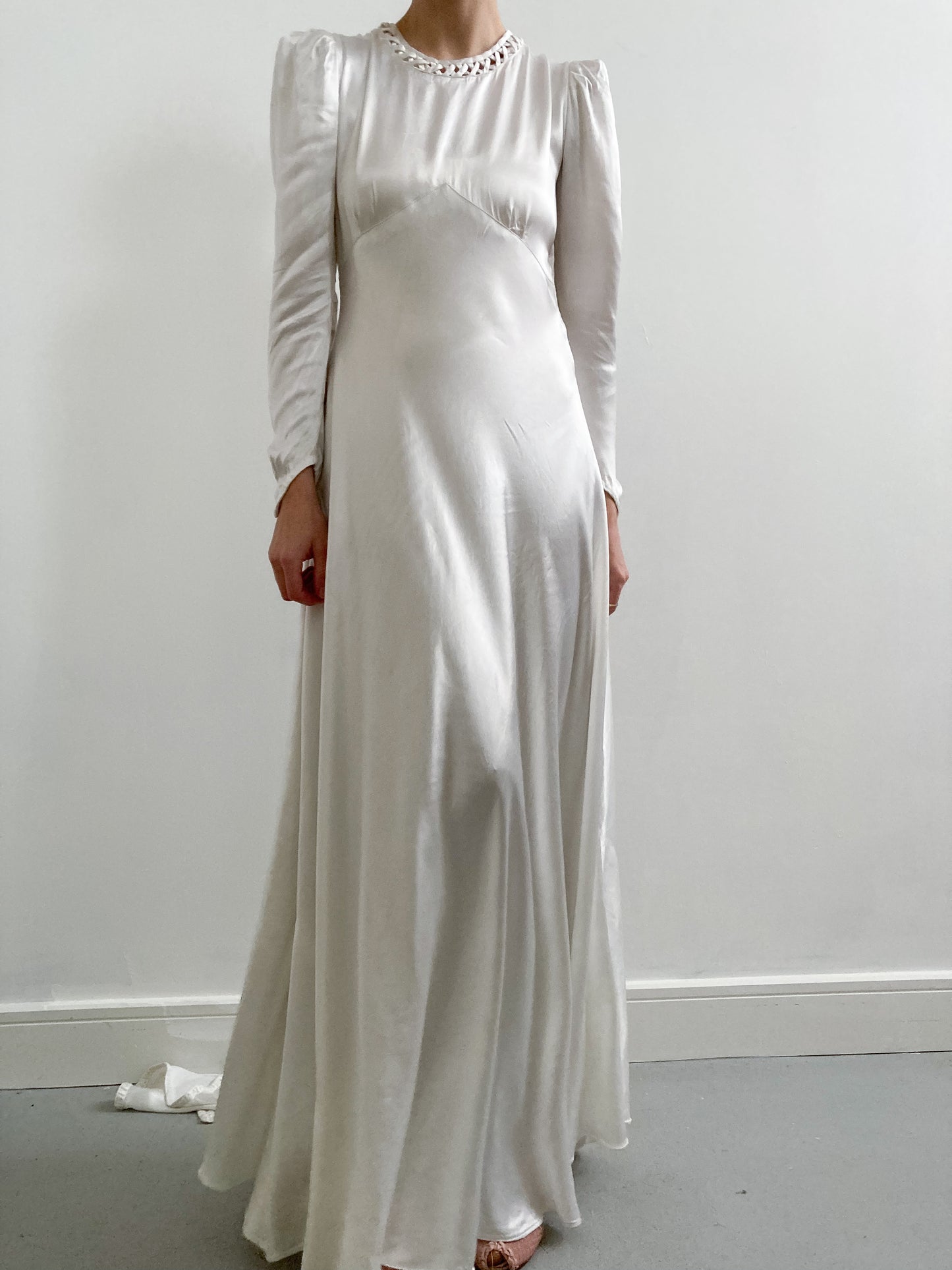 1940s white dress 1940s Satin Charmeuse Wedding Dress with Pleated Detail and Wateau Tra – Adored Closet