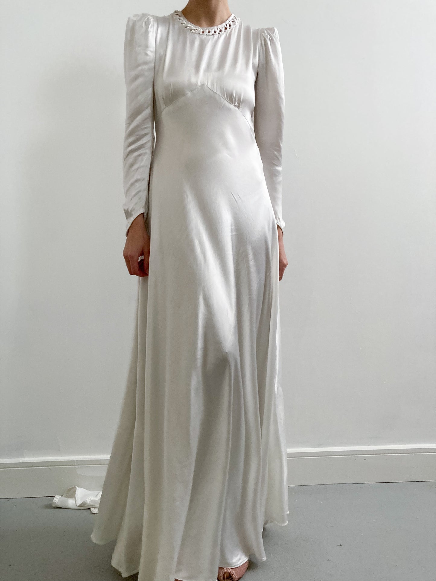 1940s Satin Charmeuse Wedding Dress with Pleated Detail and Train