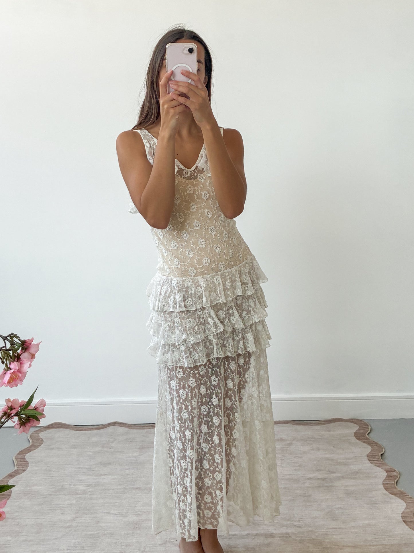 1930s French Floral Lace Dress With Ruffle Detail S