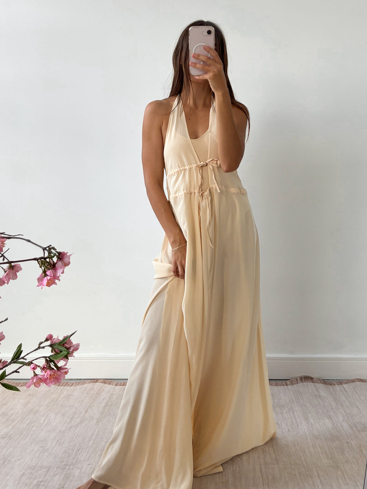 1990s Yellow Silk Halterneck Gown L XL